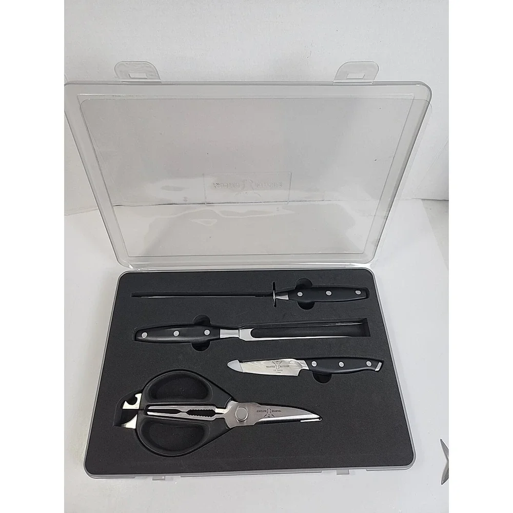 NEW Trusted Butcher 4 Pc Chef Set Scissors Paring Knife Meat Fork Sharpener NICE